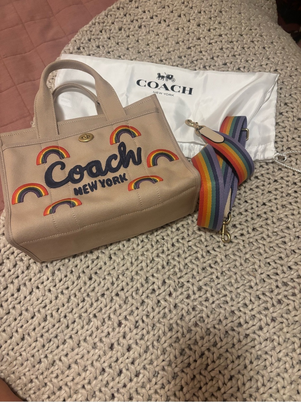 Coach Beige Canvas Tote with Rainbow Appliqués and Striped Strap